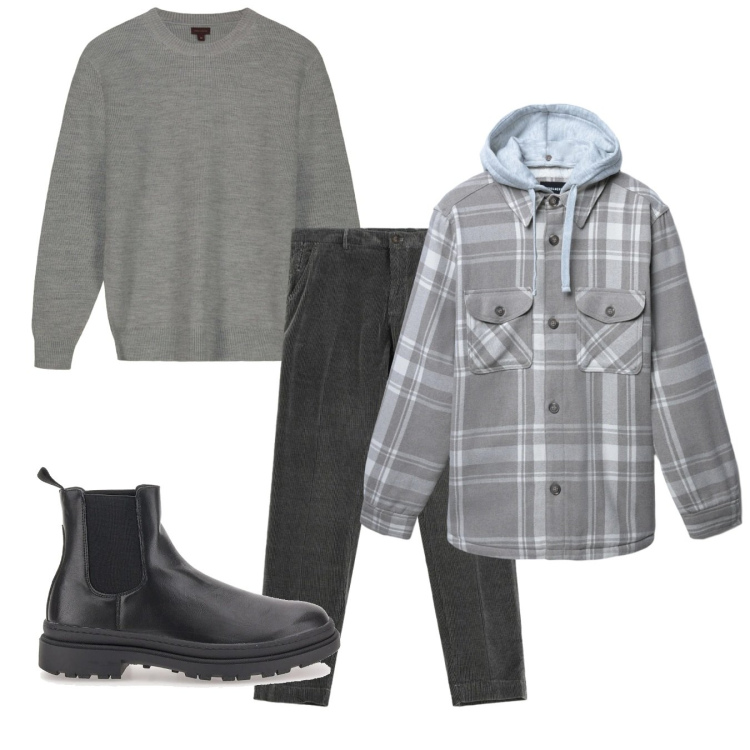 Outfit uomo - Disimpegno. Stile Casual per Tutti i giorni. Abbinamento con cappotti, pantaloni chino, stivali e stivaletti, maglieria.