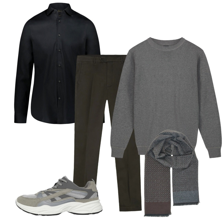 Outfit uomo - Versione street. Stile Casual per Tutti i giorni. Abbinamento con sneakers, camicie, sciarpe, maglieria, pantaloni chino.