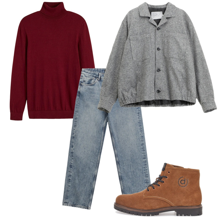 Outfit uomo - Pronto in poche mosse. Stile Casual per Tutti i giorni. Abbinamento con maglieria, cappotti, jeans dritti, stivali e stivaletti.