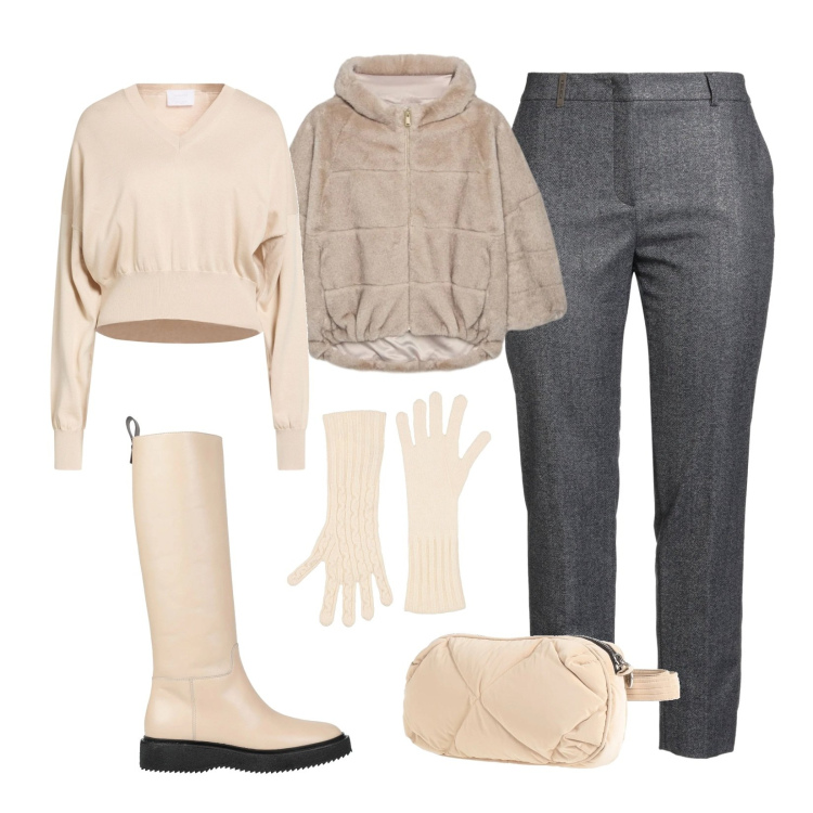 Outfit donna - A passeggio. Stile Urban per Tutti i giorni. Abbinamento con pantaloni, stivali, marsupi, guanti, pullovers, ecopellicce.
