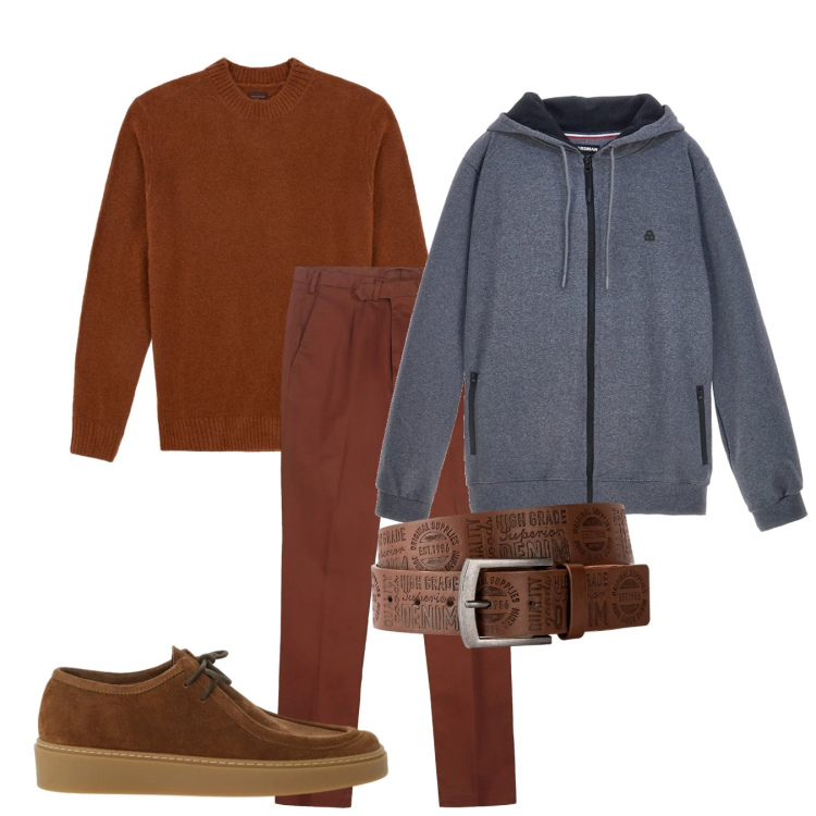 Outfit uomo - La felpa. Stile Casual per Tutti i giorni. Abbinamento con cinture, scarpe stringate, pantaloni, felpe con cappuccio, maglieria.