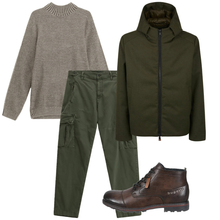 Outfit uomo - Al caldo. Stile Casual per Tutti i giorni. Abbinamento con pantaloni cargo, maglieria, giacche, stivali e stivaletti.