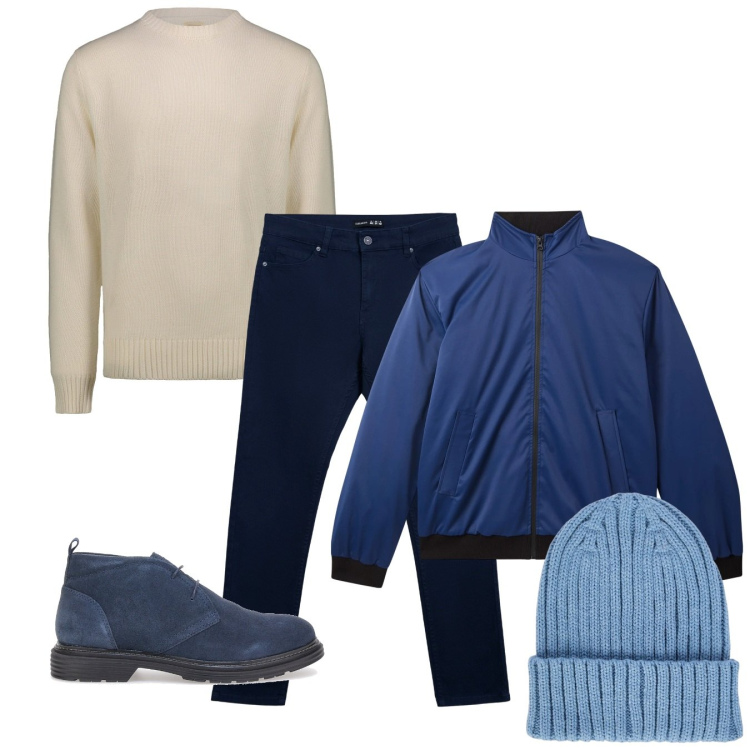 Outfit uomo - Decisamente casual. Stile Casual per Tutti i giorni. Abbinamento con pantaloni skinny, giacche, scarpe stringate, berretti, maglieria.