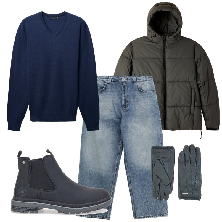 Outfit uomo - Giornata fredda. Stile Casual per Tutti i giorni. Abbinamento con maglieria, bomber, jeans, stivali e stivaletti, guanti.