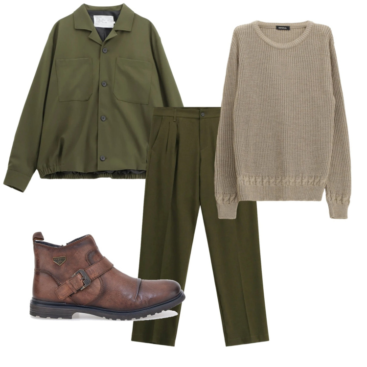 Outfit uomo - Eleganza innata. Stile Casual per Tutti i giorni. Abbinamento con cappotti, maglieria, pantaloni, stivali e stivaletti.
