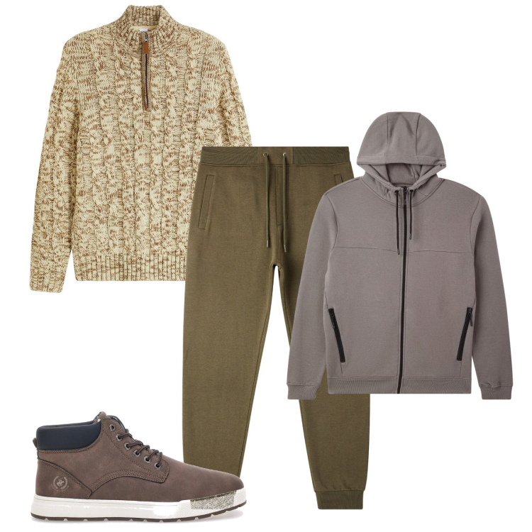 Outfit uomo - Melange. Stile Casual per Tutti i giorni. Abbinamento con maglieria, pantaloni, felpe con cappuccio, stivali e stivaletti.