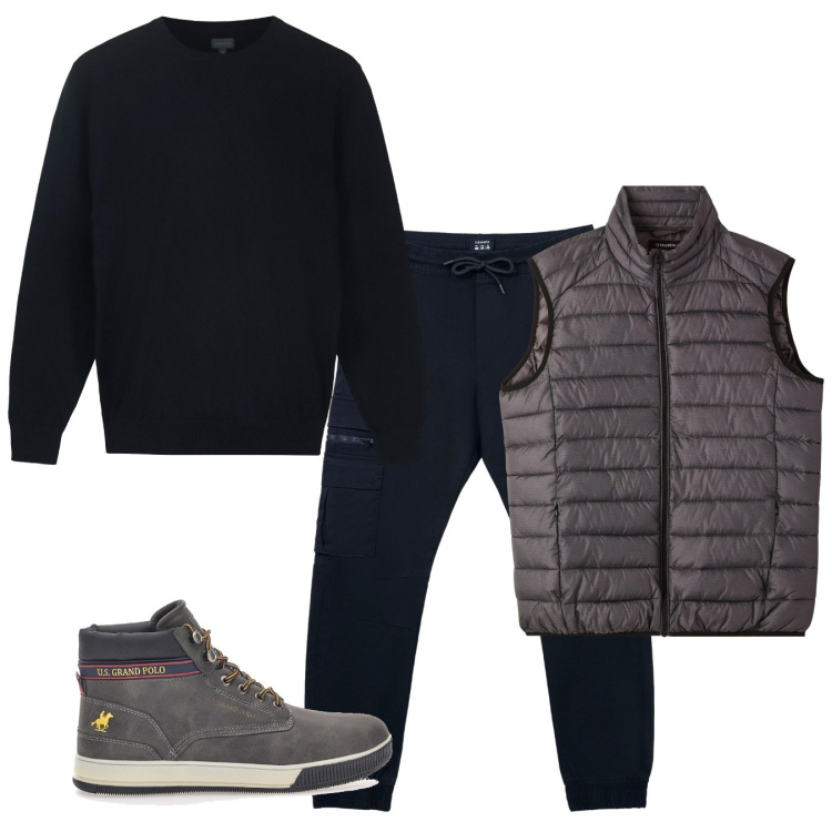 Outfit uomo - Cargo in città. Stile Casual per Tutti i giorni. Abbinamento con piumini, pantaloni cargo, sneakers, maglieria.