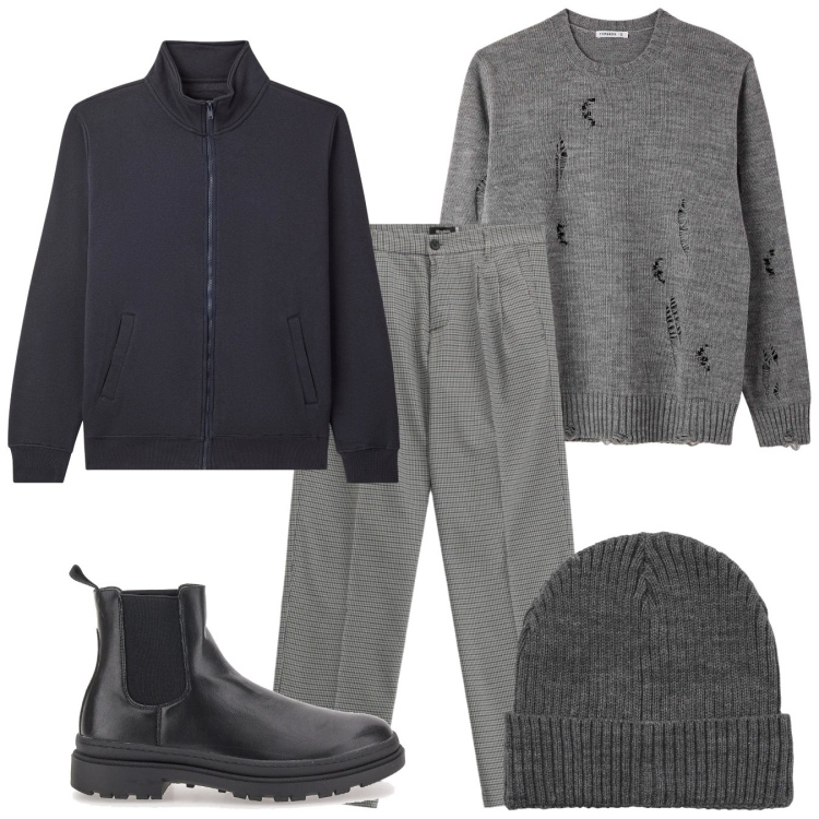 Outfit uomo - Ricercato casual. Stile Casual per Tutti i giorni. Abbinamento con berretti, giacche, maglieria, pantaloni, stivali e stivaletti.