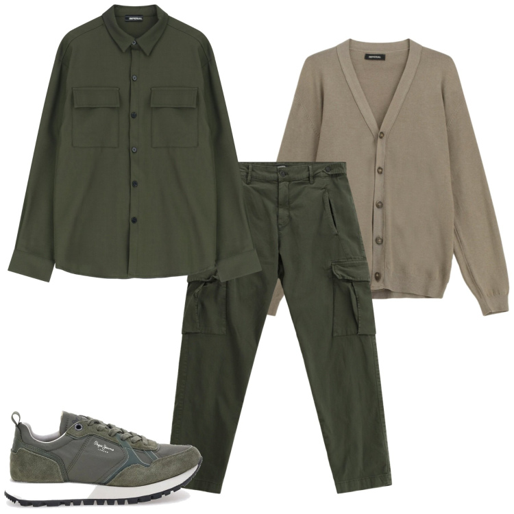 Outfit uomo - Muschio. Stile Casual per Tutti i giorni. Abbinamento con camicie, pantaloni cargo, cardigans, sneakers.