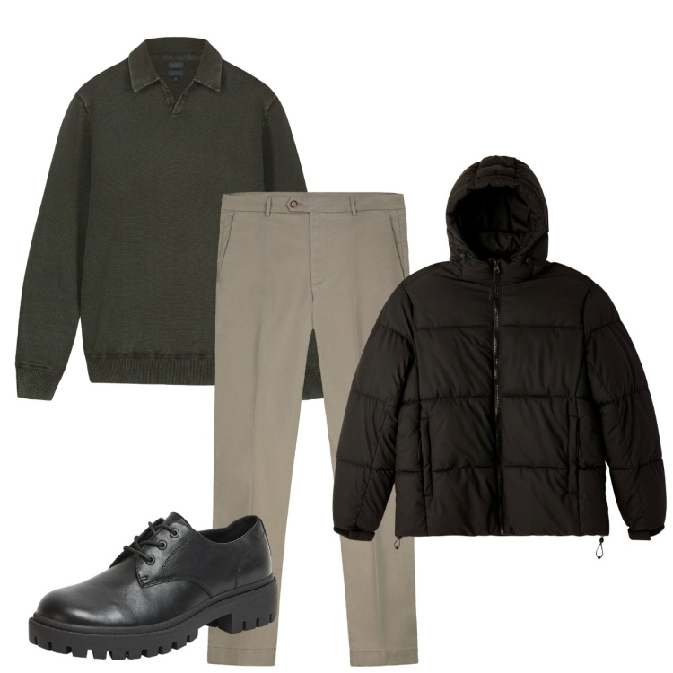 Outfit uomo - Winter. Stile Casual per Tutti i giorni. Abbinamento con scarpe stringate, bomber, pantaloni chino, maglieria.