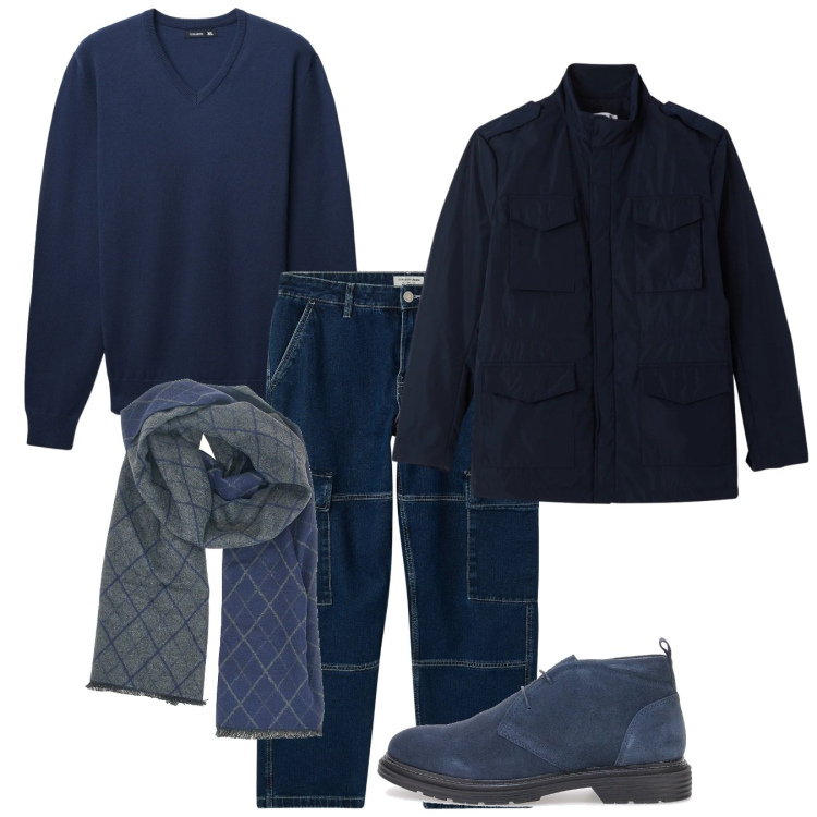 Outfit uomo - Blu notte. Stile Casual per Tutti i giorni. Abbinamento con jeans, maglieria, giacche, scarpe stringate, sciarpe.
