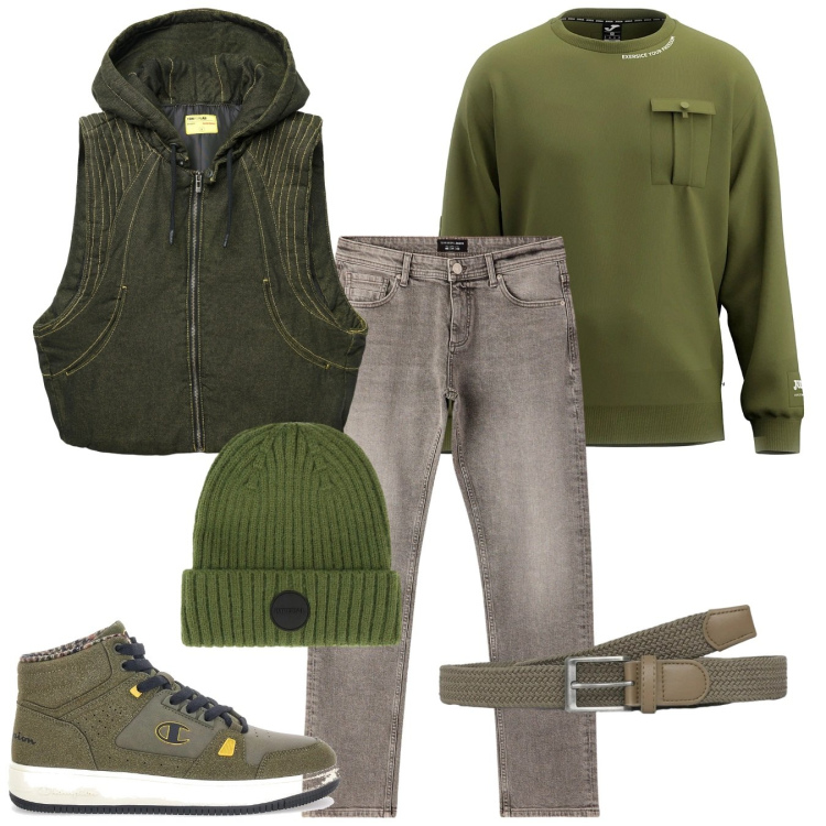 Outfit uomo - Weekend relax. Stile Casual per Tutti i giorni. Abbinamento con cinture, jeans, gilet, cappelli, sneakers, felpe.
