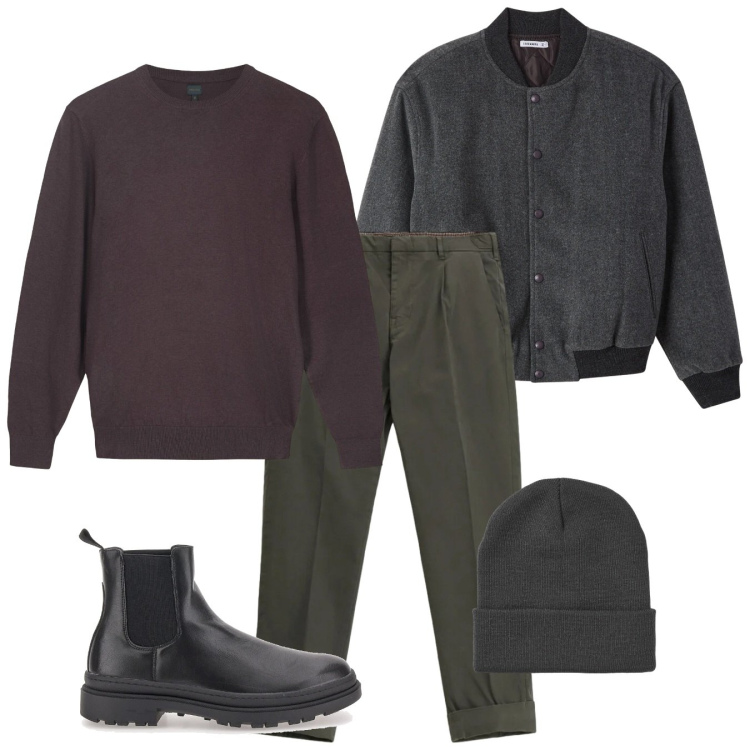 Outfit uomo - Linee pulite. Stile Casual per Tutti i giorni. Abbinamento con berretti, bomber, pantaloni chino, maglieria, stivali e stivaletti.