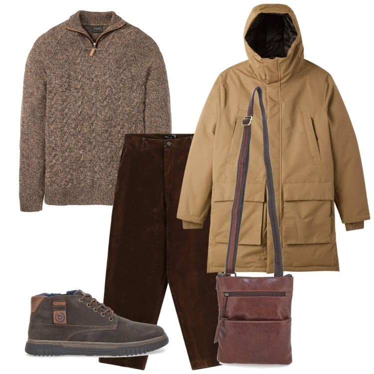 Outfit uomo - Melange con il freddo. Stile Casual per Tutti i giorni. Abbinamento con maglieria, parka, pantaloni, scarpe stringate, portafogli.