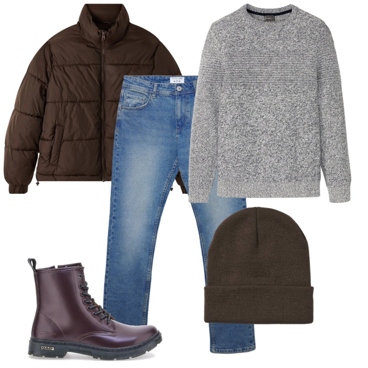 Outfit uomo - Casual minimal. Stile Casual per Tutti i giorni. Abbinamento con maglieria, berretti, bomber, jeans dritti, anfibi.