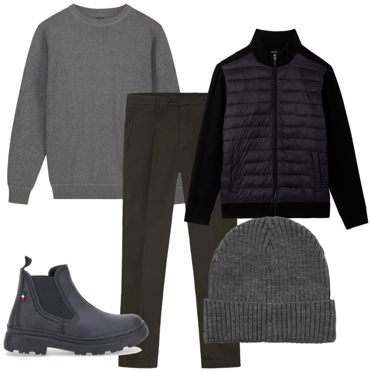 Outfit uomo - Note eleganti. Stile Trendy per Serata speciale. Abbinamento con berretti, piumini, stivali e stivaletti, maglieria, pantaloni chino.