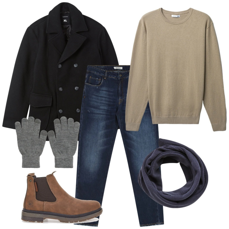 Outfit uomo - Doppiopetto sui jeans. Stile Casual per Tutti i giorni. Abbinamento con sciarpe, maglieria, caban, guanti, jeans dritti, stivali e stivaletti.