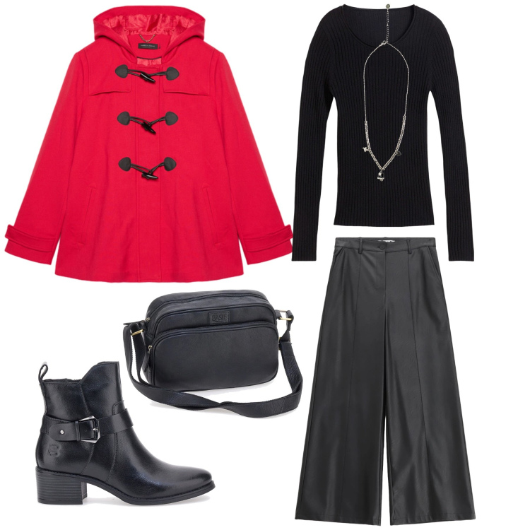 Outfit donna - Red Montgomery & Leather. Stile Urban per Tutti i giorni. Abbinamento con maglieria, pantaloni, ciondoli, blazer, stivali sopra il ginocchio, borse a tracolla.