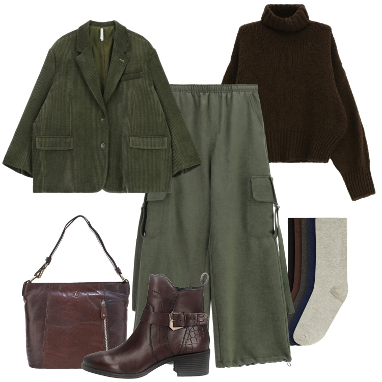 Outfit donna - 2026 Ritornano i cargo. Stile Urban per Tutti i giorni. Abbinamento con calzini, pantaloni a palazzo, blazer, maglieria, stivaletti, borse a spalla.