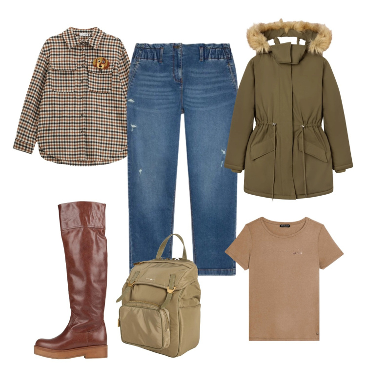 Outfit donna - Urban casual curvy. Stile Urban per Tutti i giorni. Abbinamento con stivali, zaini, parka, camicie, t-shirt, jeans strappati.