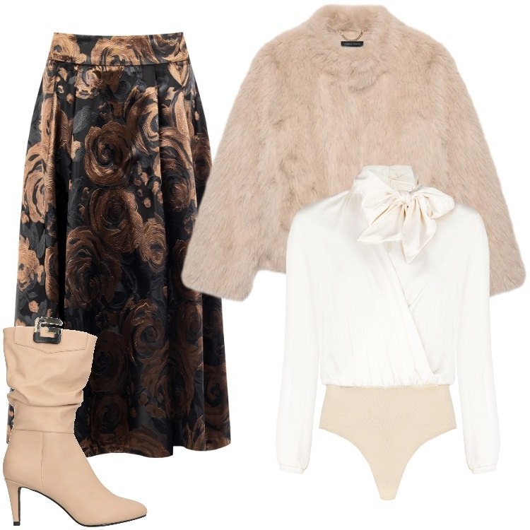 Outfit donna - Total look #2322331. Stile Glamour per Cerimonia. Abbinamento con stivali, gonne longuette, bluse, ecopellicce.