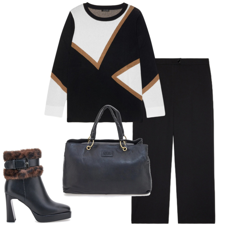 Outfit donna - Fiorella Rubino. Stile Basic per Tutti i giorni. Abbinamento con pantaloni, maglieria, borse a mano, stivaletti.