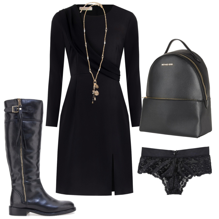 Outfit donna - Passeggiata in città con stivali. Stile Romantica per Tutti i giorni. Abbinamento con culotte, zaini, vestiti a tubino, stivali, ciondoli.