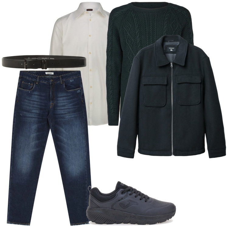 Outfit uomo - Di giorno. per Tutti i giorni. Abbinamento con cappotti, jeans dritti, cinture, maglieria, sneakers, camicie.