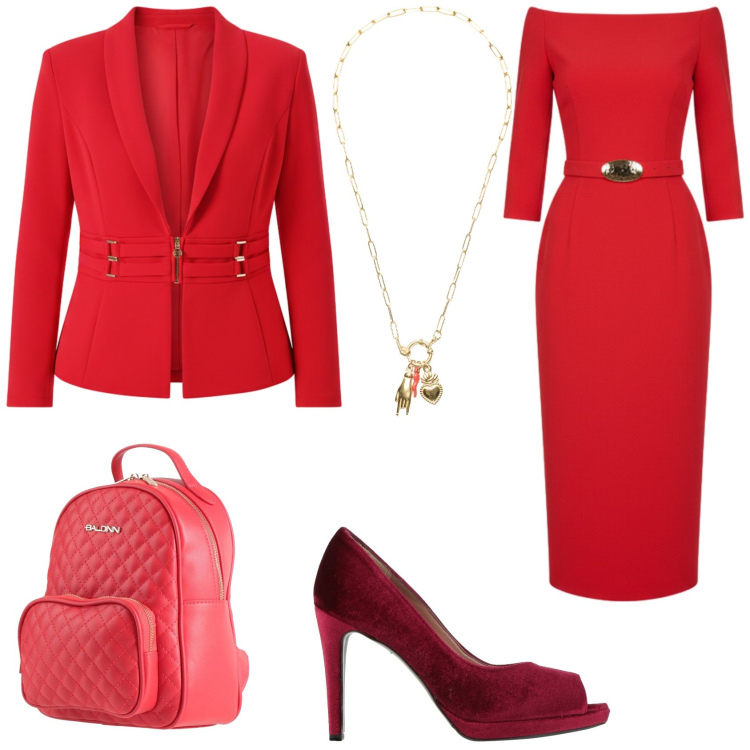 Outfit donna - Rosso Valentino. Stile Bon Ton per Ufficio. Abbinamento con zaini, décolleté, ciondoli, vestiti midi/longuette, blazer.