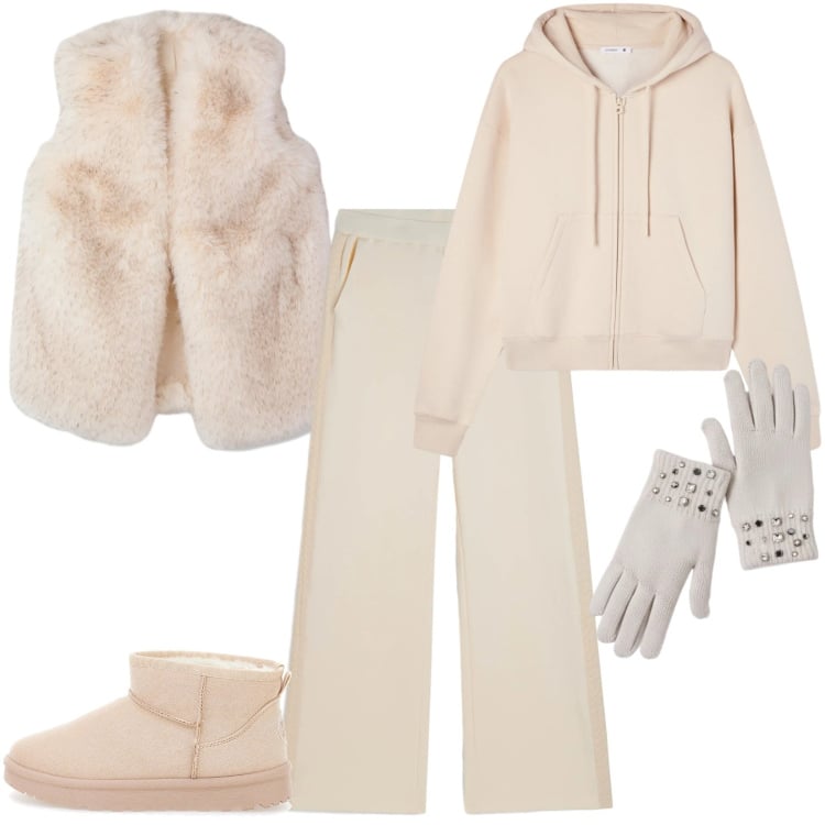 Outfit donna - Total look #2322343. Stile Basic per Tutti i giorni. Abbinamento con felpe con cappuccio, piumini, pantaloni, guanti, stivaletti.