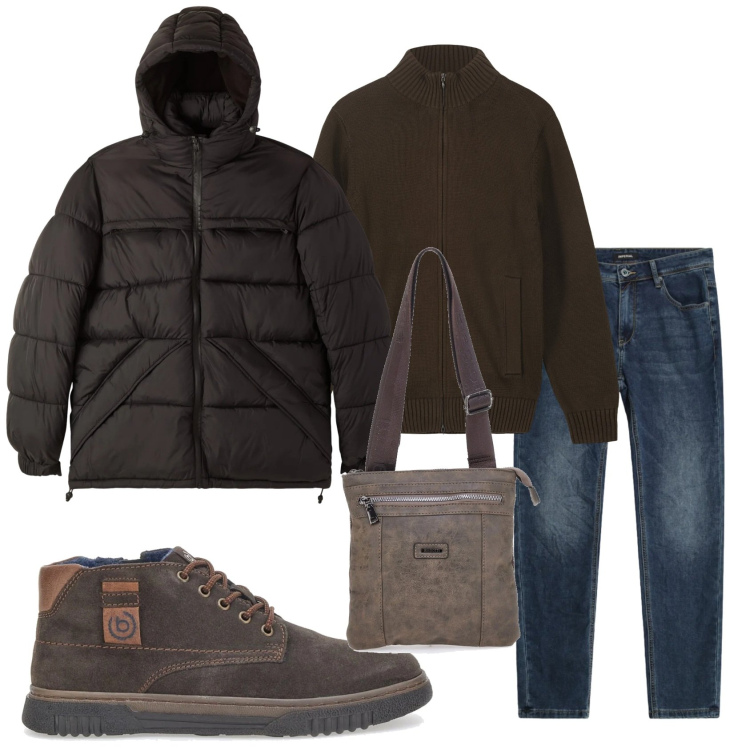 Outfit uomo - Total look #2322350. Stile Casual per Tutti i giorni. Abbinamento con bomber, jeans slim fit, cardigans, scarpe stringate, portafogli.