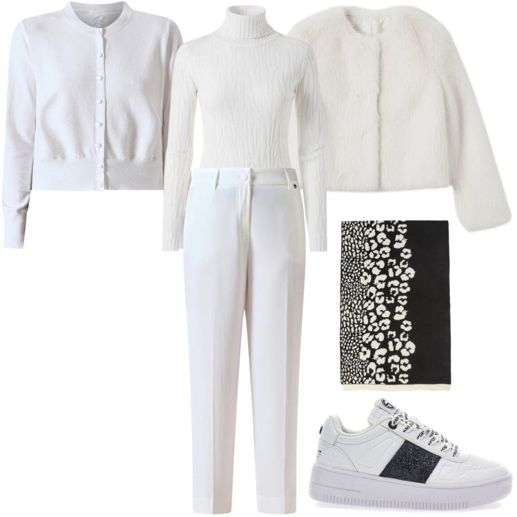 Outfit donna - Bianco neve con dettagli a contrasto. Stile Casual per Ufficio. Abbinamento con pantaloni, cardigans, maglieria, ecopellicce, sciarpe, sneakers.