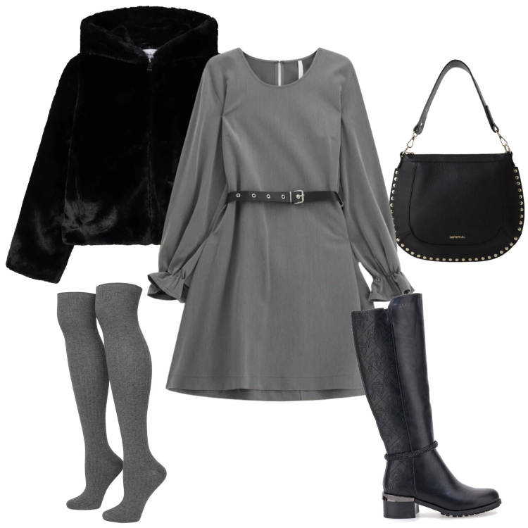 Outfit donna - Total look #2322356. Stile Casual per Ufficio. Abbinamento con ecopellicce, calzini, vestiti corti, borse a spalla, stivali sopra il ginocchio.