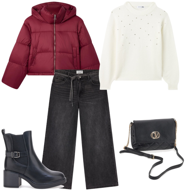 Outfit donna - Pomeriggio libero. Stile Urban per Tutti i giorni. Abbinamento con maglieria, bomber, jeans, stivaletti, borse a mano.