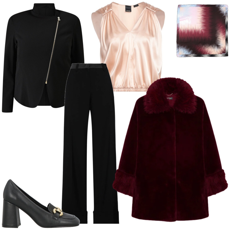 Outfit donna - Cena fuori. Stile Chic per Serata fuori. Abbinamento con pantaloni, sciarpe, mocassini, top, blazer, cappotti.