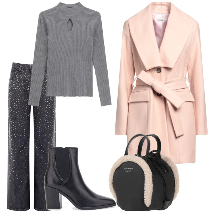 Outfit donna - Cipria con grigio. Stile Casual chic per Tutti i giorni. Abbinamento con zaini, cappotti, maglieria, jeans, stivaletti.