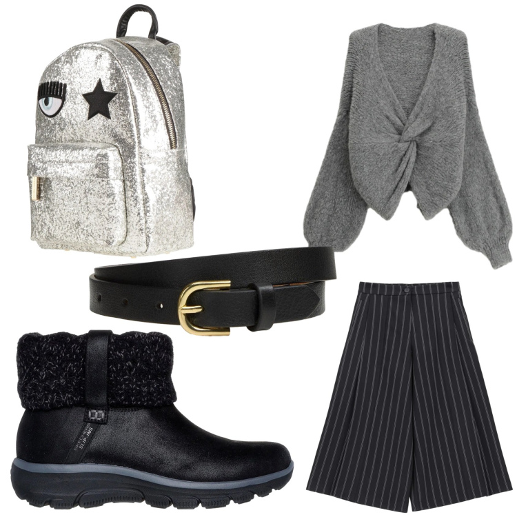 Outfit donna - Nero e grigio: un classico. Stile Casual per Tutti i giorni. Abbinamento con cinture, zaini, cardigans, pantaloni, stivaletti.