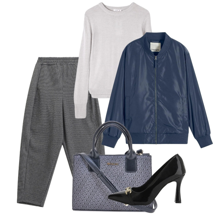 Outfit donna - Gennaio. Stile Casual chic per Serata fuori. Abbinamento con bomber, maglieria, pantaloni, décolleté, borse a tracolla.