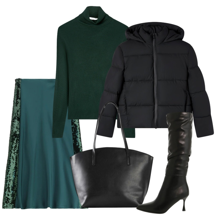 Outfit donna - Gennaio. Stile Chic per Serata fuori. Abbinamento con shopping bag, bomber, maglieria, gonne lunghe, stivali sopra il ginocchio.