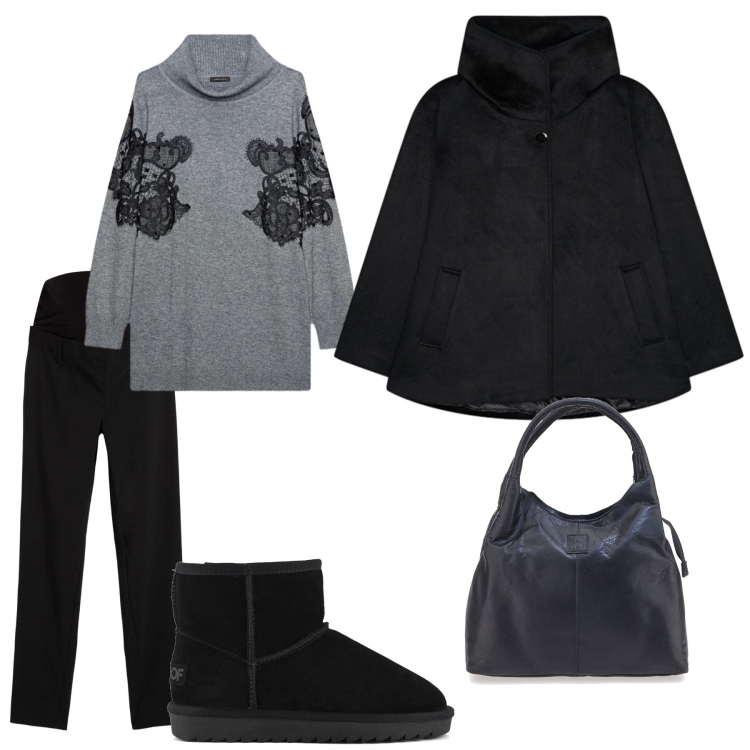 Outfit donna - Dolce attesa con stile. Stile Casual per Tutti i giorni. look ideale per Premaman. Abbinamento con pantaloni, maglieria, borse a mano, stivali, caban.