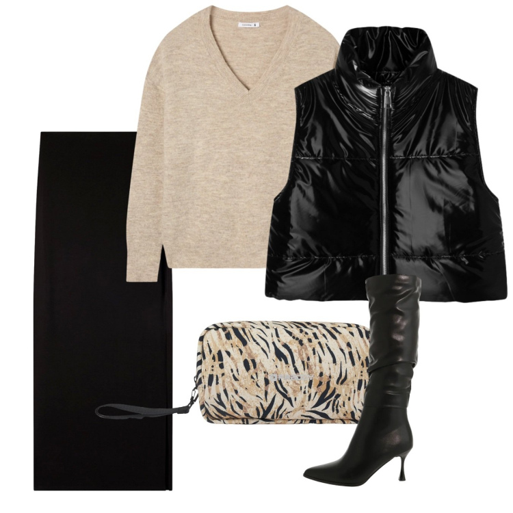 Outfit donna - Tubino gennaio. Stile Chic per Tutti i giorni. Abbinamento con maglieria, gonne lunghe, piumini, stivali sopra il ginocchio, valigie.