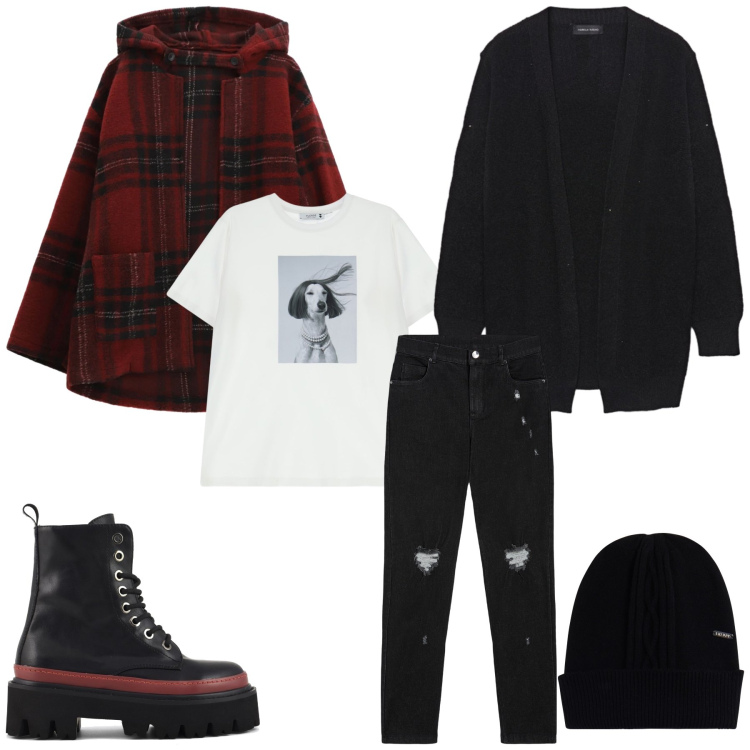 Outfit donna - Grunge. Stile Rock per Tutti i giorni. Abbinamento con t-shirt, caban, jeans skinny, berretti, cardigans, anfibi.