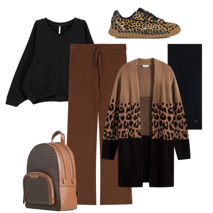 Outfit donna - Tempo libero relaxed mood. Stile Trendy per Tutti i giorni. Abbinamento con cardigans, zaini, pantaloni a palazzo, felpe, sciarpe, sneakers.