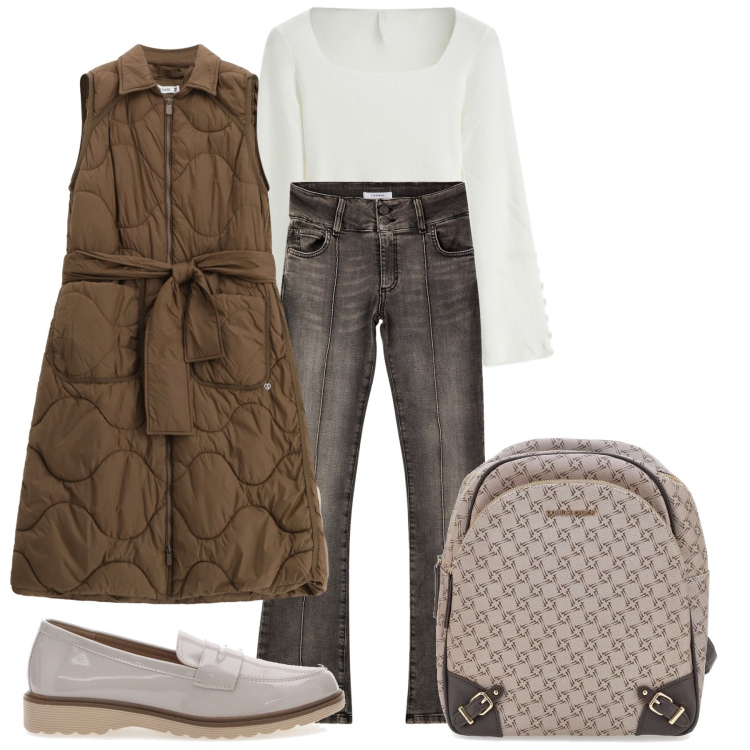 Outfit donna - In saldo da sfruttare in primavera. Stile Casual per Ufficio. Abbinamento con jeans, blazer, maglieria, mocassini, zaini.