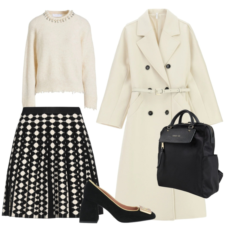 Outfit donna - Eleganza un bianco. per Ufficio. Abbinamento con minigonne, décolleté, zaini, pullovers, cappotti.