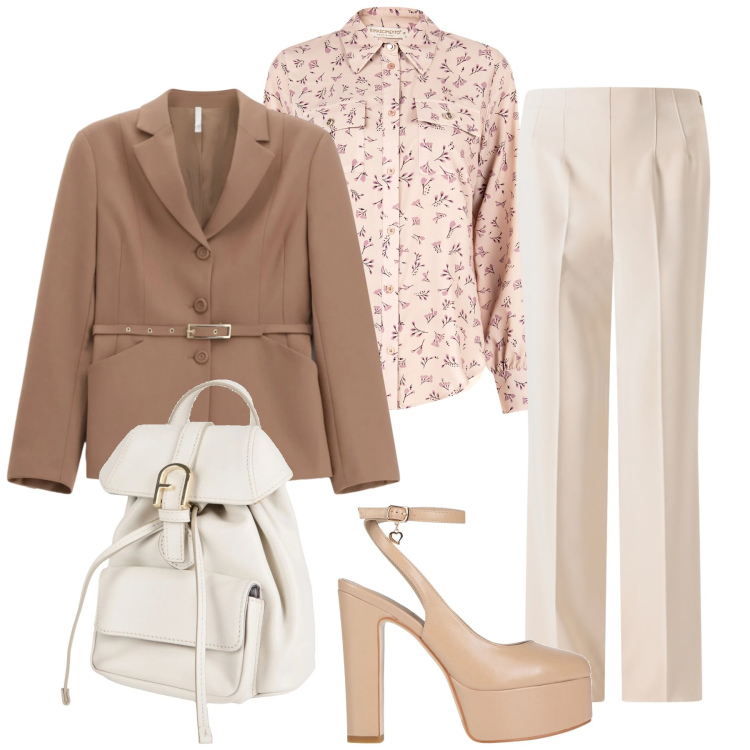Outfit donna - Colori tenui. Stile Bon Ton per Ufficio. Abbinamento con décolleté, zaini, blazer, pantaloni a palazzo, camicie.