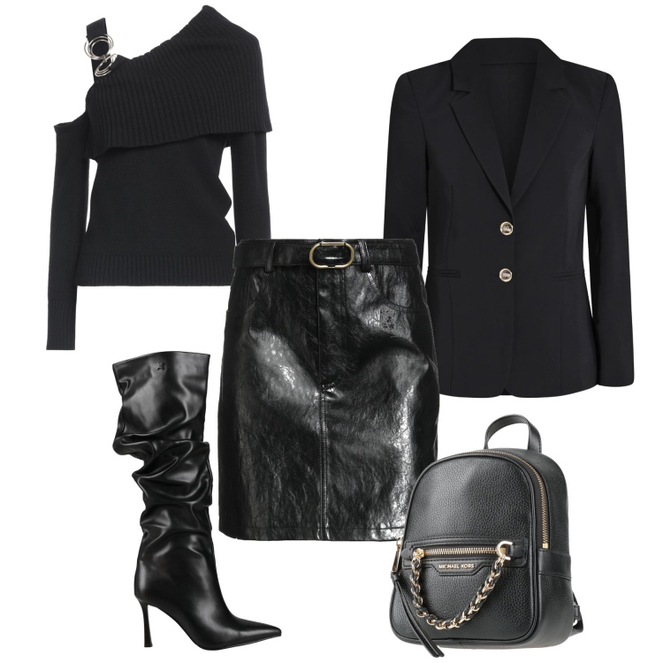 Outfit donna - Sera grintosa chic. Stile Chic per Serata fuori. Abbinamento con minigonne, pullovers, zaini, stivali, blazer.