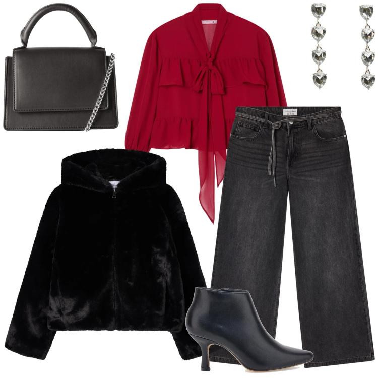 Outfit donna - Serata fuori. Stile Casual chic per Serata fuori. Abbinamento con ecopellicce, camicie, jeans, orecchini, borse a tracolla, stivaletti.