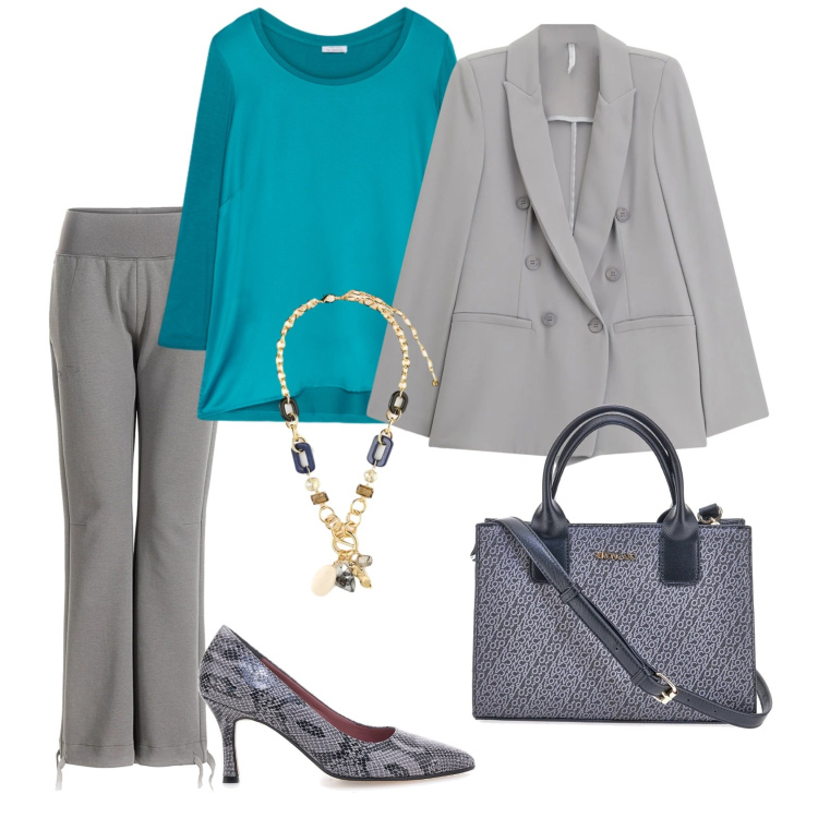 Outfit donna - Total look #2322410. Stile Chic per Ufficio. Abbinamento con blazer, bluse, pantaloni, borse a tracolla, collane, décolleté.