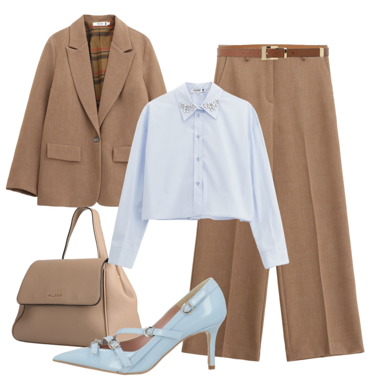 Outfit donna - Tabacco e cielo H24. Stile Glamour per Tutti i giorni. Abbinamento con décolleté, zaini, pantaloni, blazer, camicie, cinture.
